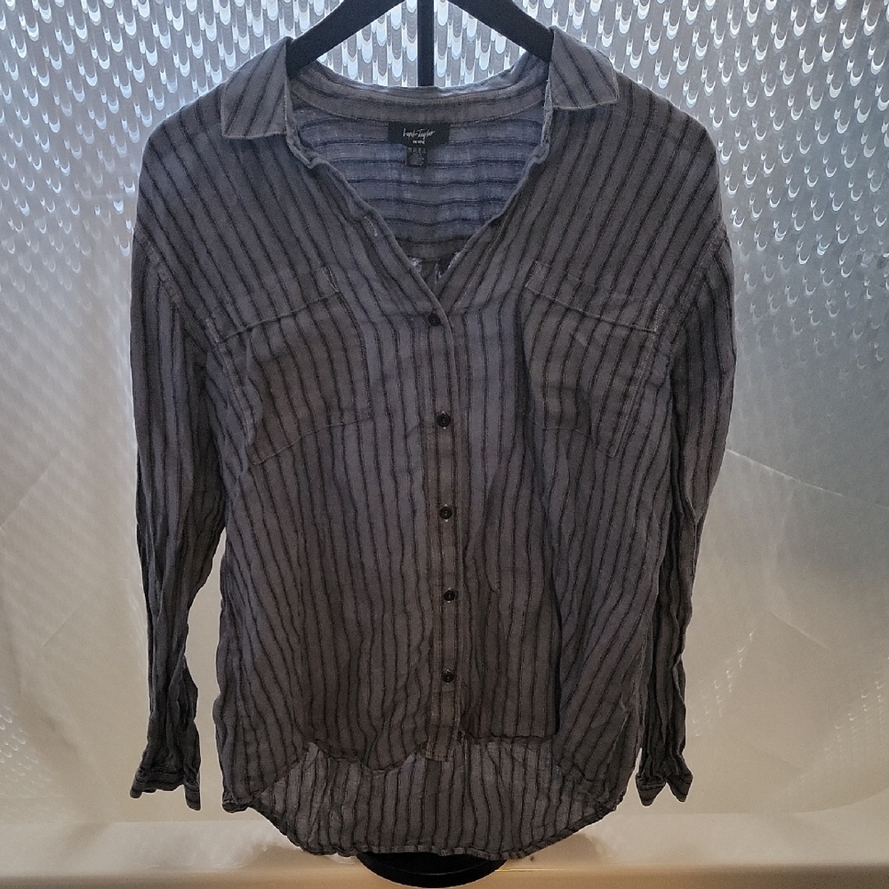 Lord & Taylor Petite XL Women's 100% Linen Long Sleeve Top Blue & Navy Stripes